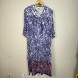 Roberta Roller Rabbit Blue White Feather Print Tassel Trim Caftan Dress Size S